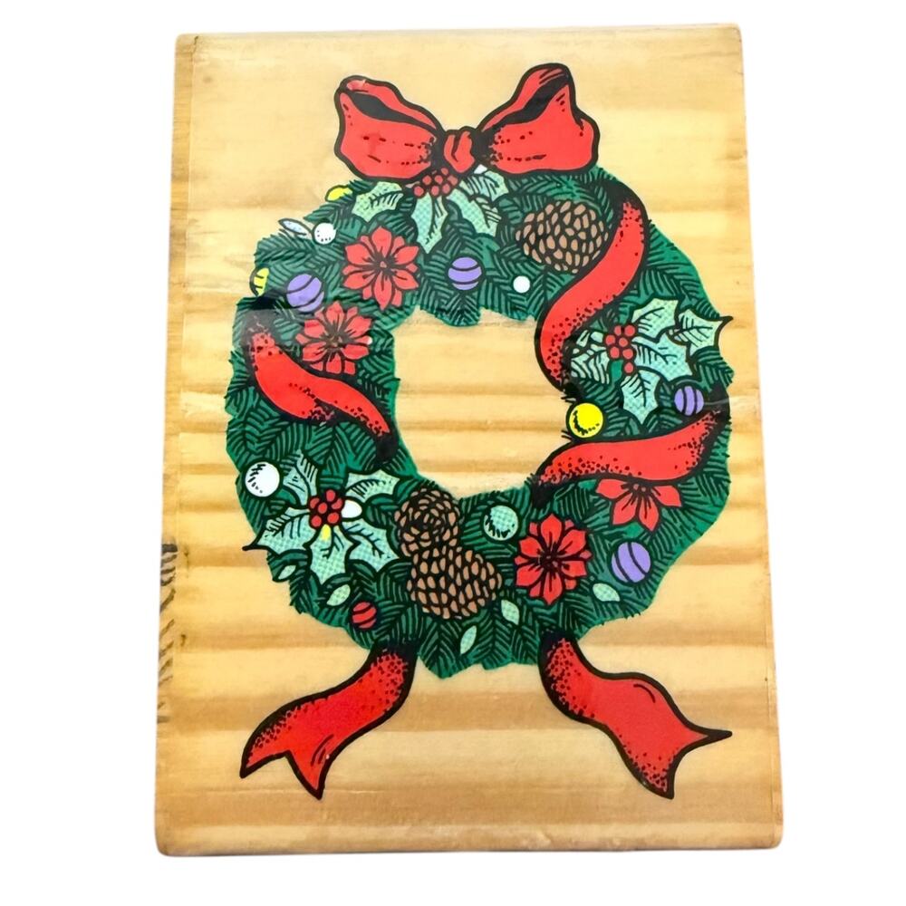 Christmas Holiday Wreath Red Bow Rubber Stamp